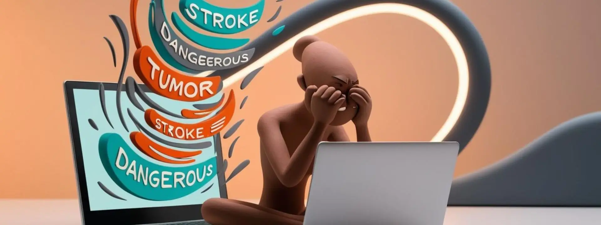 Eine Knetfigur hält ein Smartphone in der Hand und sieht besorgt aus, während im Hintergrund eine abstrakte Darstellung von Suchergebnissen zu Krankheiten zu sehen ist. Die Farbpalette von Orange, Türkis und Grau betont das Thema digitale Gesundheitsangst.“