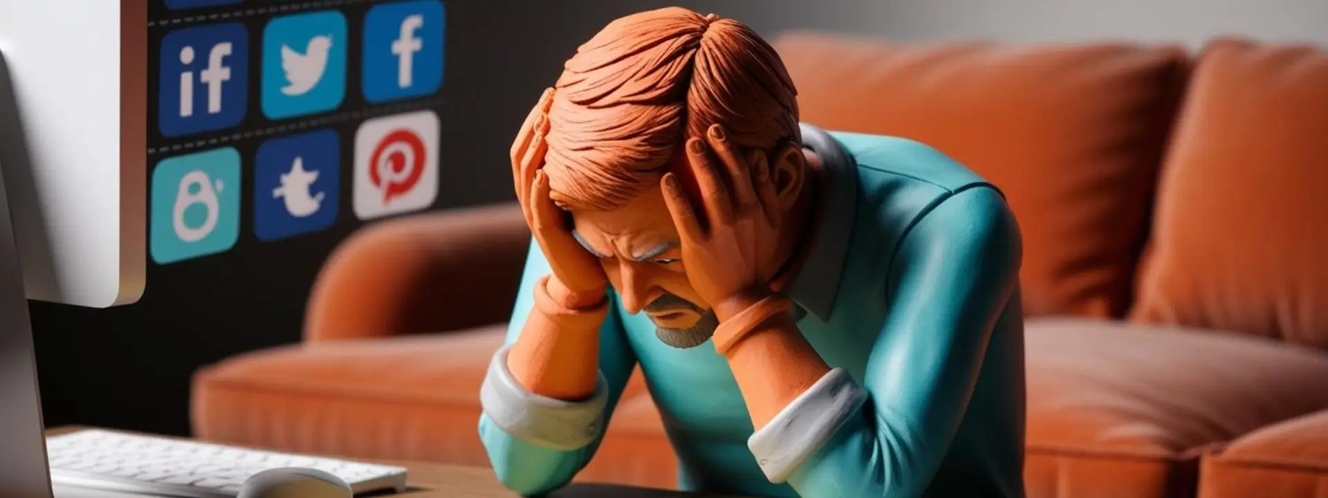 Die eine Figur blickt nervös auf eine To do Liste, . Im Hintergrund schwebende Symbole für  Social Media Apps und Ablenkungen. Das Farbschema in Orange, Türkis und Grau verstärkt die emotionale Wirkung des Themas.“