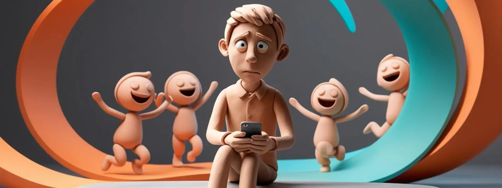 Eine nachdenkliche Knetfigur sitzt auf einer Bank mit ihrem Smartphone in der Hand, während im Hintergrund schemenhafte Knetfiguren fröhlich interagieren. Die Farben Orange, Türkis und Grau verleihen der Szene eine warme, beruhigende Atmosphäre, die das Thema FOMO und den Vergleich mit anderen verdeutlicht.“