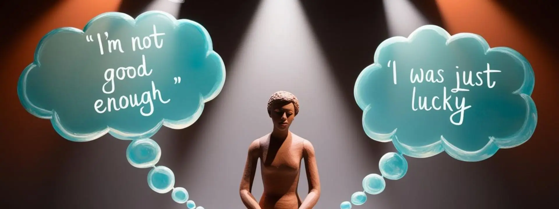 „Eine Knetfigur sitzt auf einer Bühne unter Scheinwerfern, während im Hintergrund Gedankenblasen mit Sätzen wie ‚Ich bin nicht gut genug‘ und ‚Ich hatte nur Glück‘ schweben. Die Farbpalette aus Orange, Türkis und Grau betont das Gefühl innerer Zerrissenheit.“