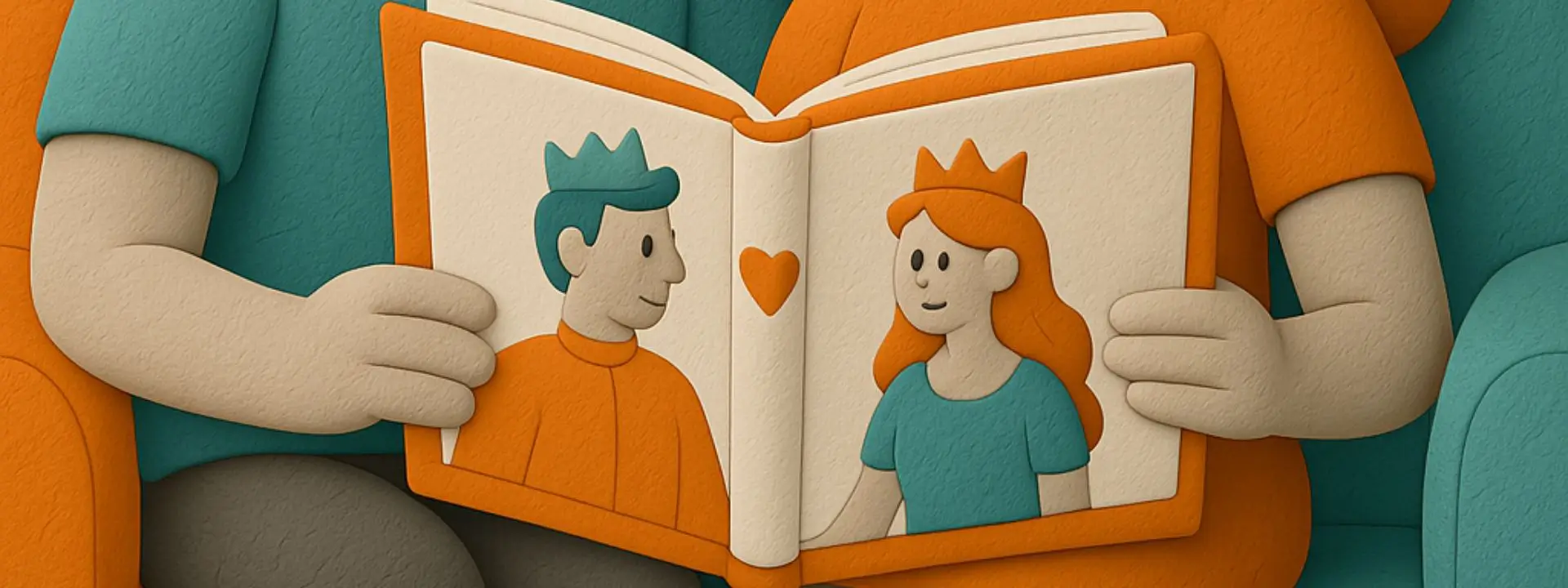 Zwei Knetfiguren welche ein Märchenbuch gemeinsam in der Hand halten. Symbolisch soll es eine Märchenbeziehung darstellen