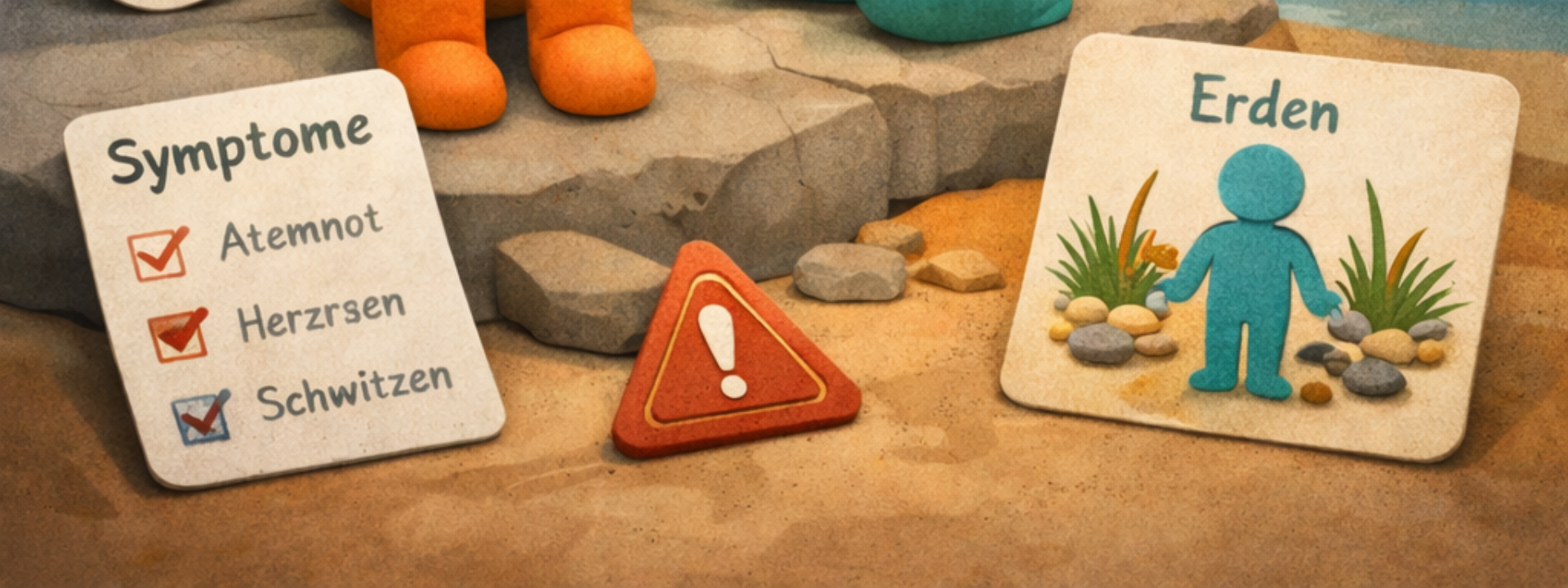 ine Knetfigur sitzt ruhig am Ufer eines Flusses. Der Fluss symbolisiert den Wandel der Gefühle. Auf der anderen Seite des Ufers ist eine Brücke angedeutet – als Symbol für Veränderung und Rückverbindung. 