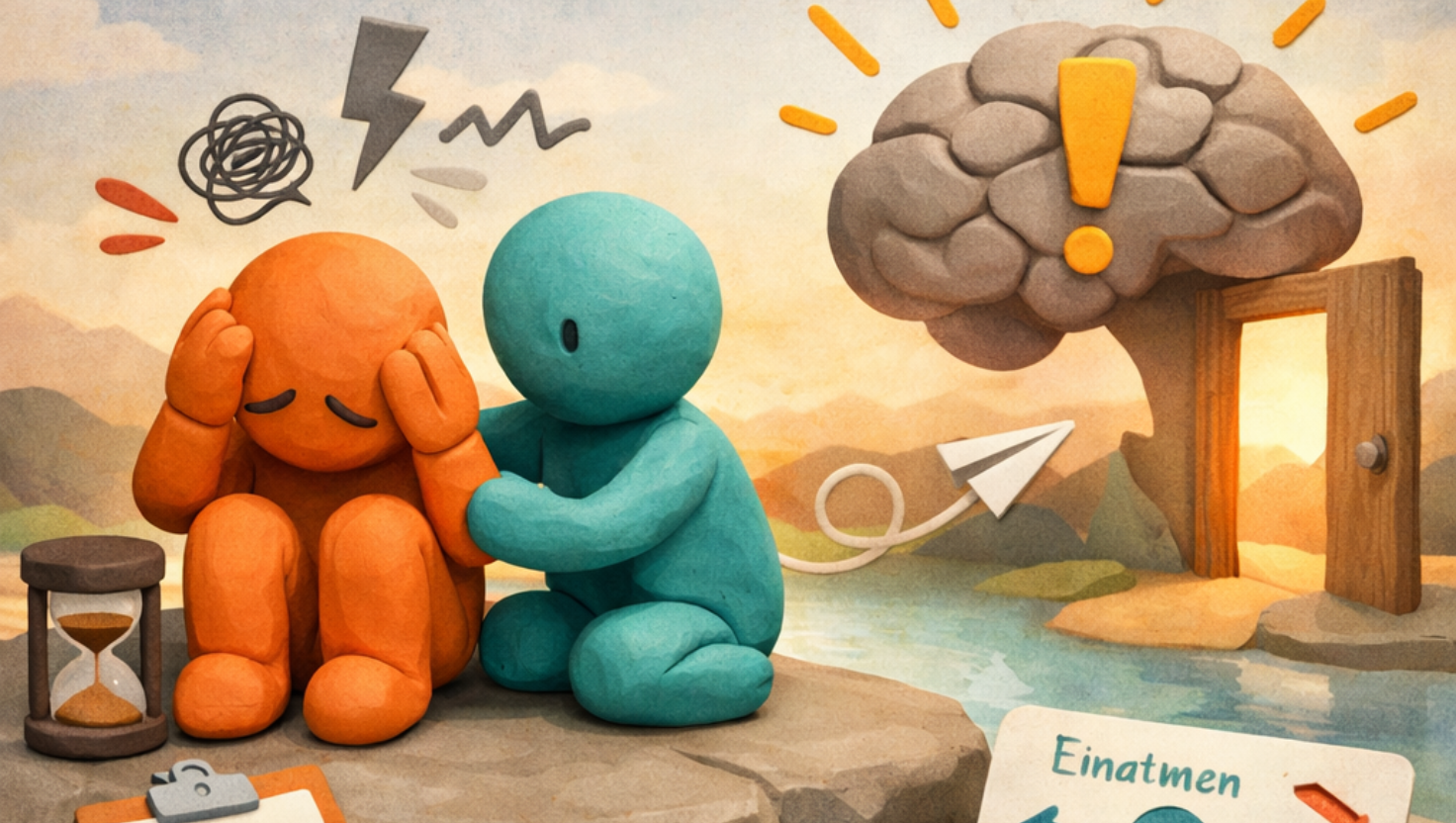 „Eine Knetfigur hält eine andere nach einer Panikattacke in dem Arm