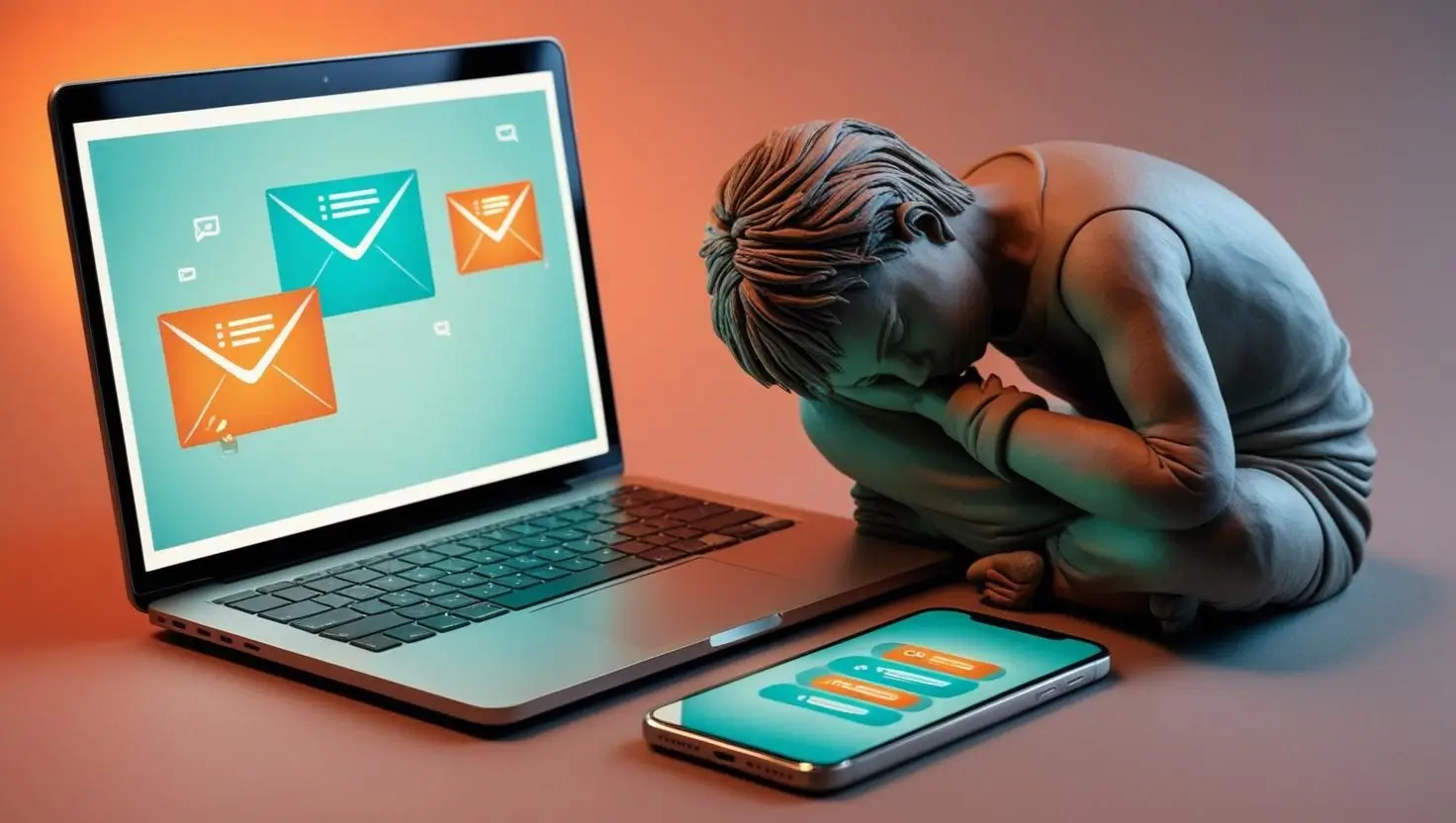 „Eine Knetfigur sitzt erschöpft vor einem Laptop und Smartphone, die grell leuchten. Im Hintergrund flimmern Symbole für Nachrichten, Mails und Benachrichtigungen. Farbgebung in Orange, Türkis und Grau – zwischen Anspannung und Bedürfnis nach Ruhe.“