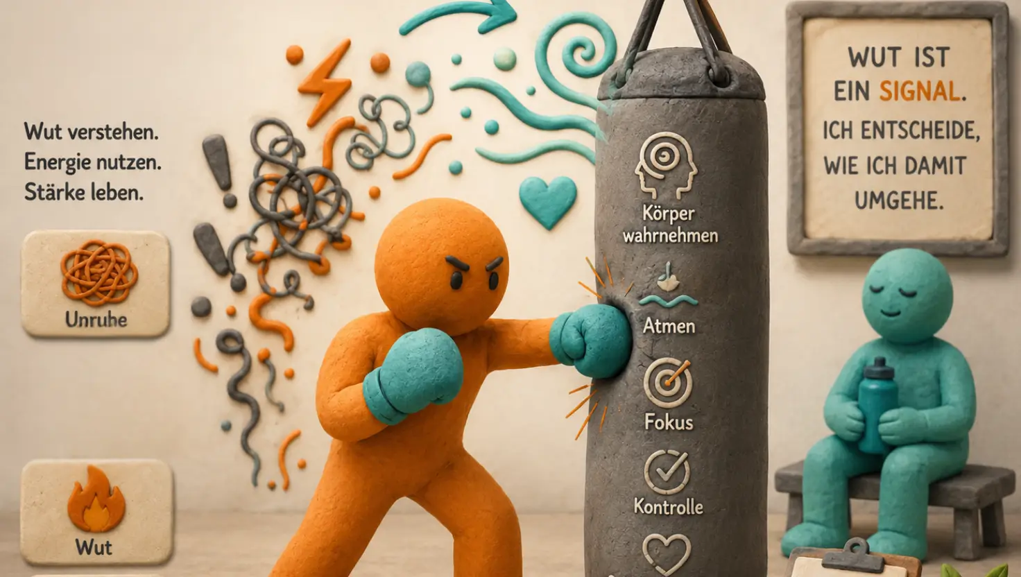 „Eine Knetfigur mit Boxhandschuhen steht ruhig und konzentriert vor einem Sandsack. Um die Figur herum ordnen sich zuvor chaotische Linien. Die Szene symbolisiert Emotionsregulation und innere Stabilisierung. Farben: Orange, Türkis und Grau.“